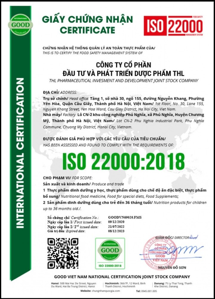 Chứng nhận đạt tiêu chuân ISO 22000:2018
